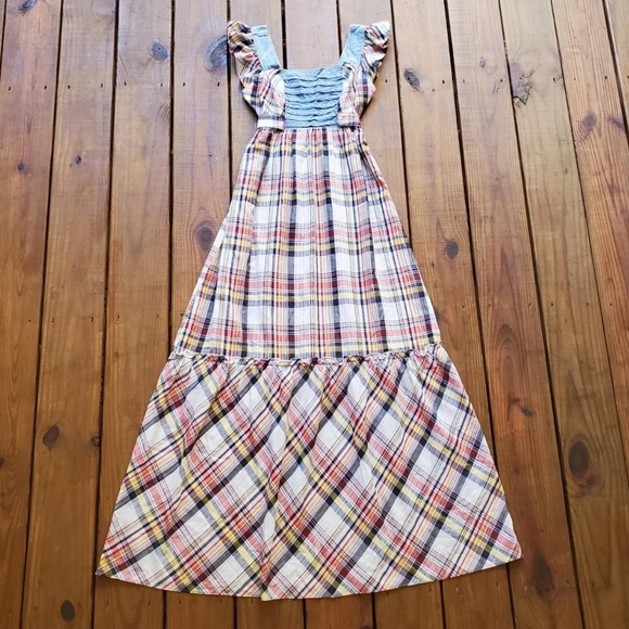 Vintage 70's Young Edwardian size 5 plaid & denim prairie maxi dress - Picture 1 of 4